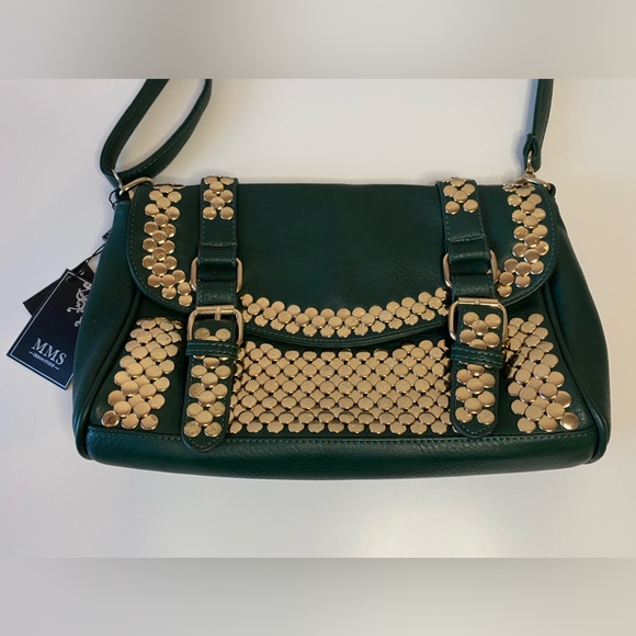 NWT MMS Design Studio Gold Studded Forest Green Vegan Leather Satchel Handbag - Picture 3 of 7